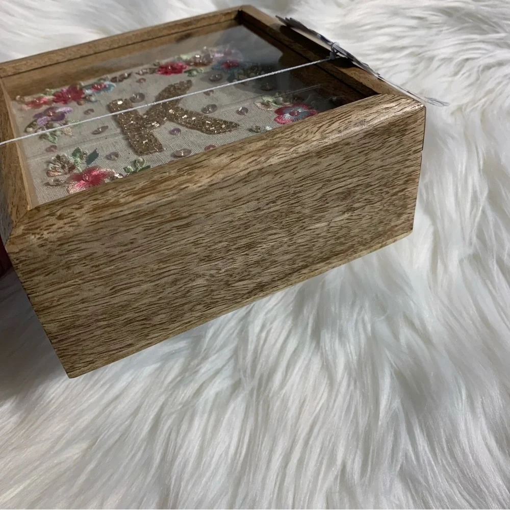 Jewelry Trinket Wood Box With Framed Detailed Embroidery Beading Letter “K” NWT